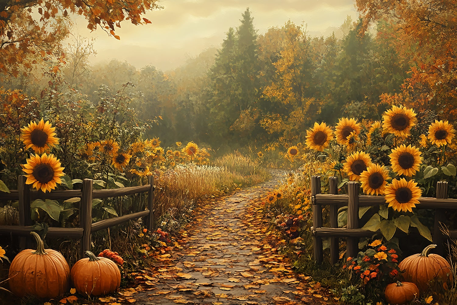 Automne Toile de Fond Tournesols Citrouilles Sentier Forestier BRP10-241