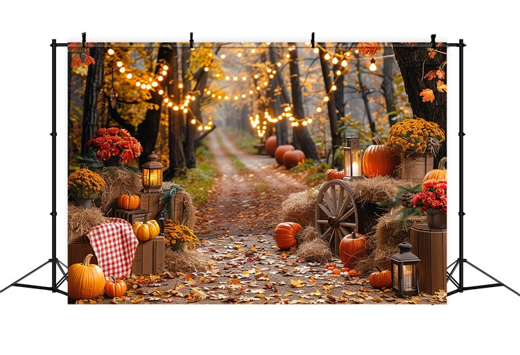 Automne Toile de Fond Meule de Foin Citrouilles Lumières Sentier BRP10-257