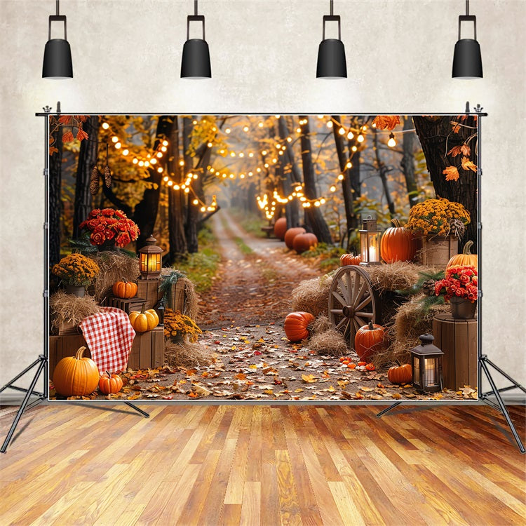 Automne Toile de Fond Meule de Foin Citrouilles Lumières Sentier BRP10-257
