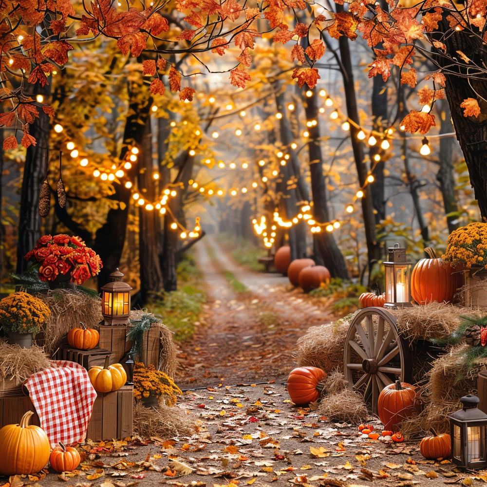 Automne Toile de Fond Meule de Foin Citrouilles Lumières Sentier BRP10-257