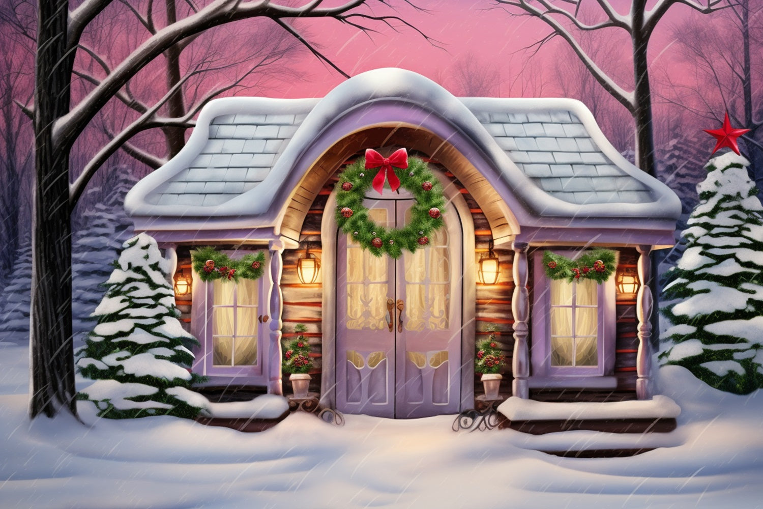 Toile de fond Cabane douillette décor neige accents violets BRP10-26