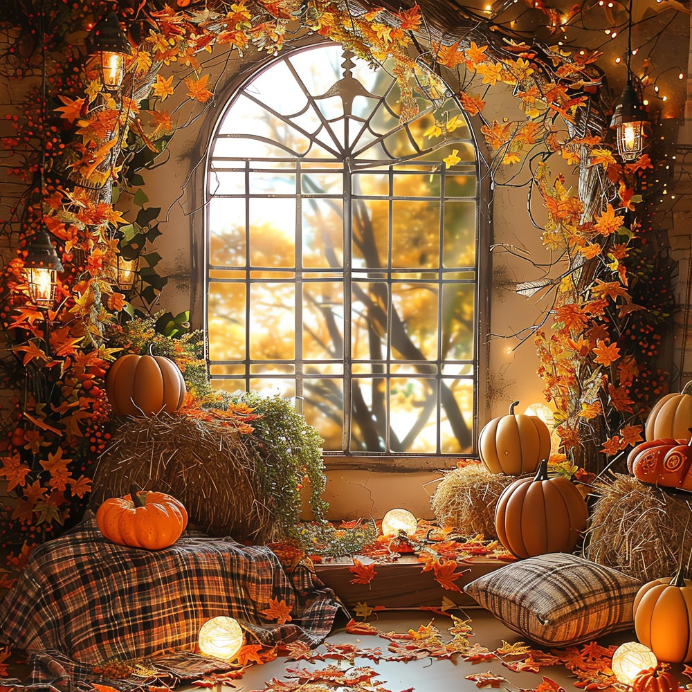 Automne Toile de Fond Fenêtre Citrouilles Balles de Foin Séance Photo BRP10-260