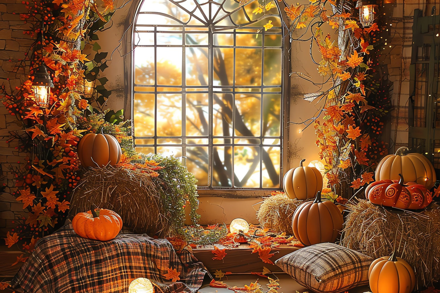 Automne Toile de Fond Fenêtre Citrouilles Balles de Foin Séance Photo BRP10-260