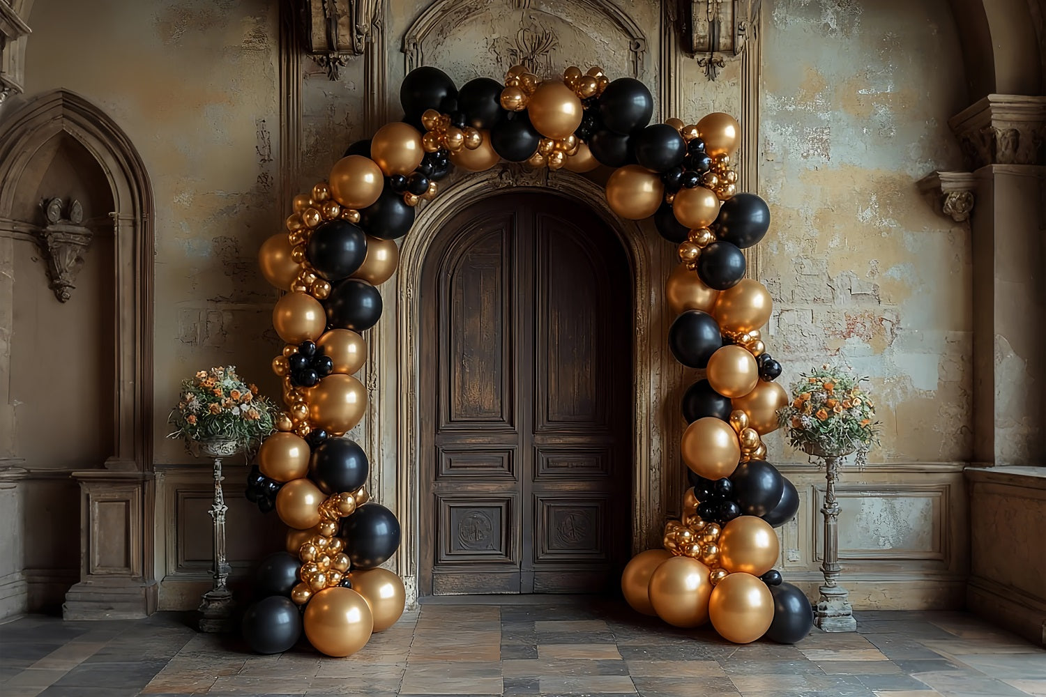 Toile de Fond Mur Arche Ballons Noir Or Exposition BRP10-287