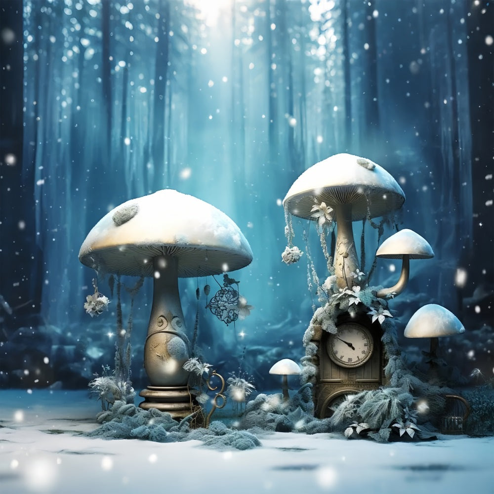 Toile de fond Champignons enneigés horloge vintage forêt BRP10-30