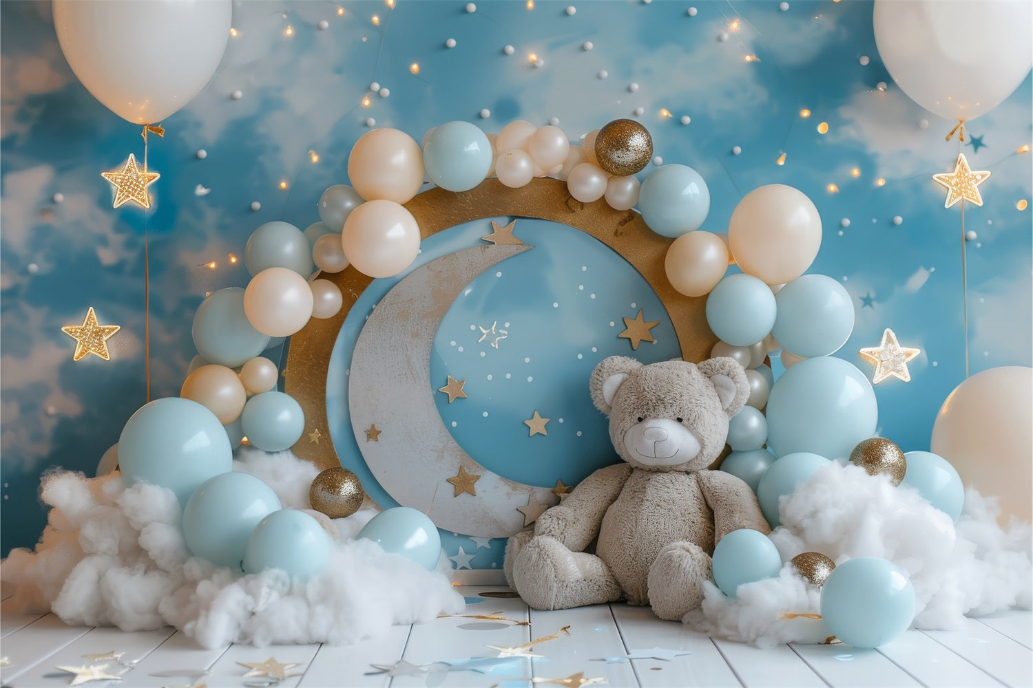 Toile de Fond Anniversaire Lune Étoiles Ourson BRP10-317