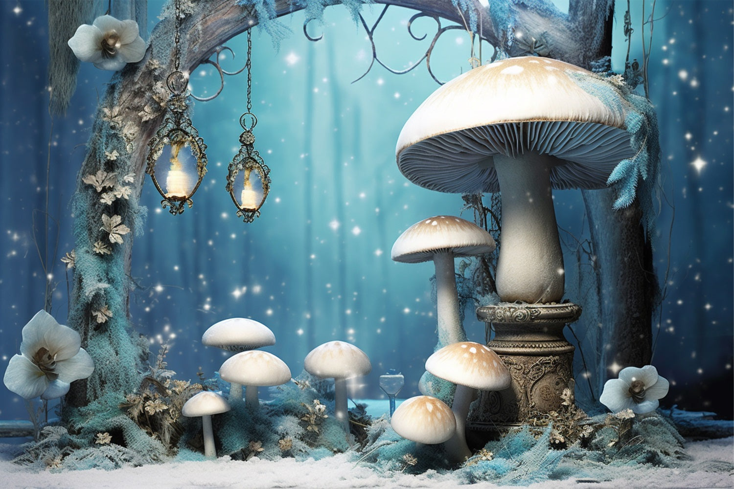 Toile de fond Forêt enchantée champignons lumineux photographie BRP10-32