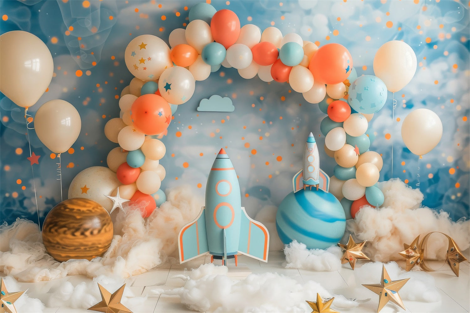 Toile de Fond Joyeux Anniversaire Ballon Arc Fusée Spatiale BRP10-331