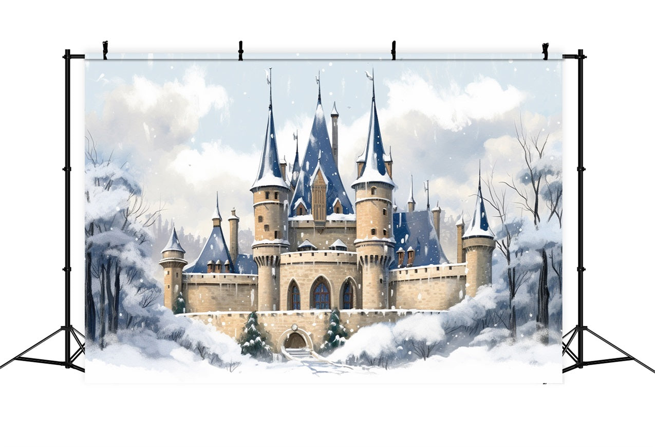 Toile de fond Château enchanté au milieu de la forêt enneigée BRP10-34