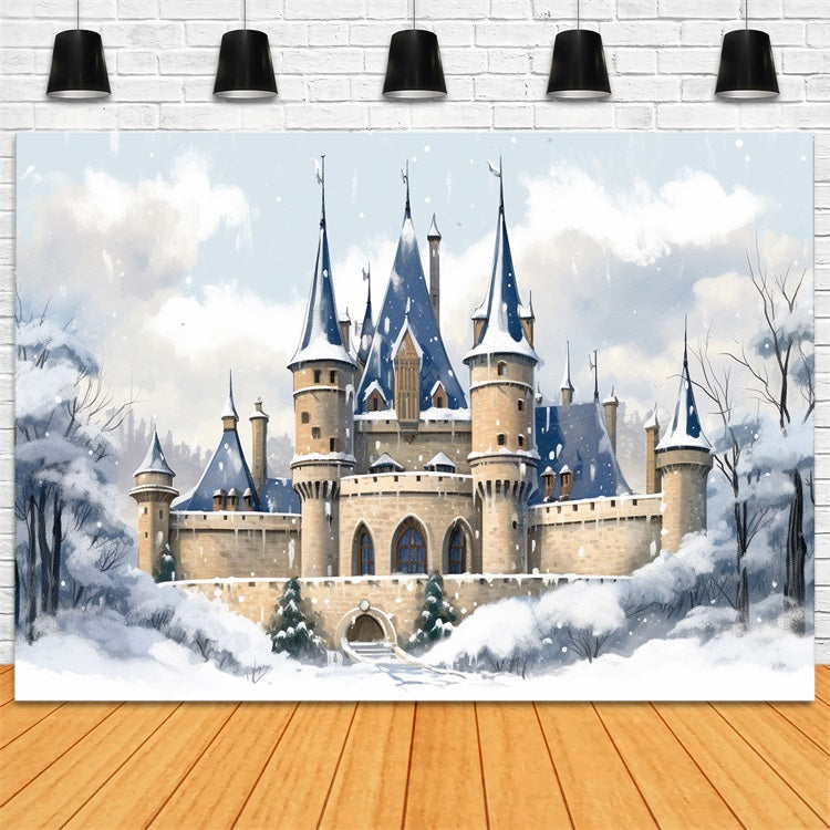 Toile de fond Château enchanté au milieu de la forêt enneigée BRP10-34