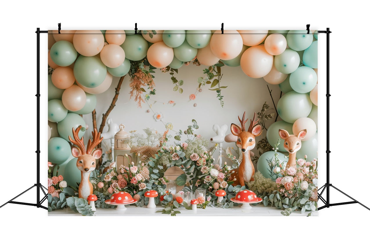 Toile de Fond Joyeux Anniversaire Cerf Ballon Champignon BRP10-343