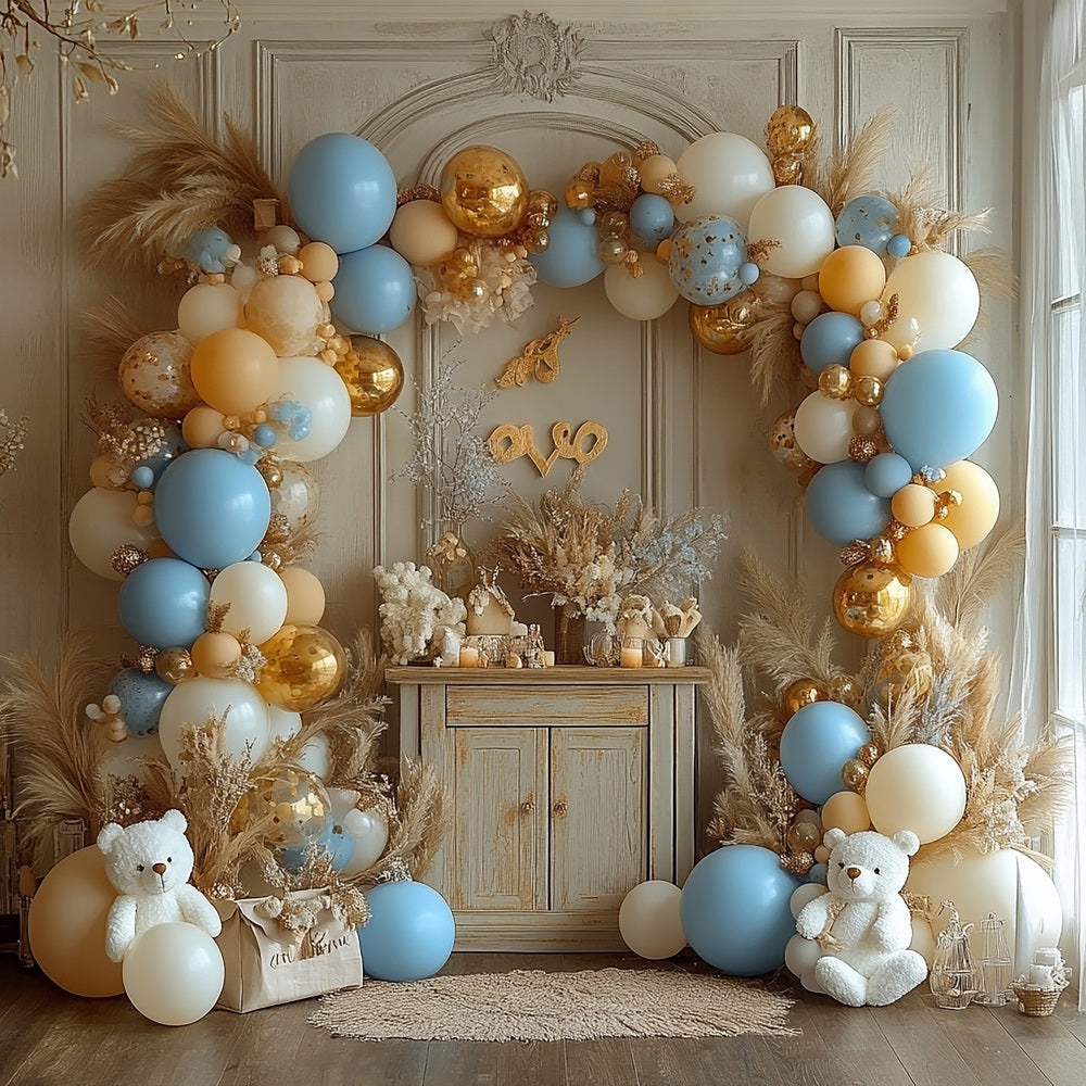 Toile de Fond Joyeux Anniversaire Ballons Pampas Ourson BRP10-354