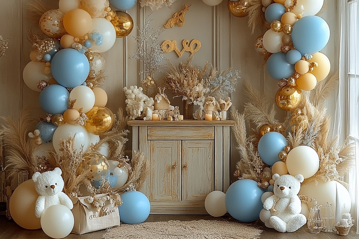 Toile de Fond Joyeux Anniversaire Ballons Pampas Ourson BRP10-354
