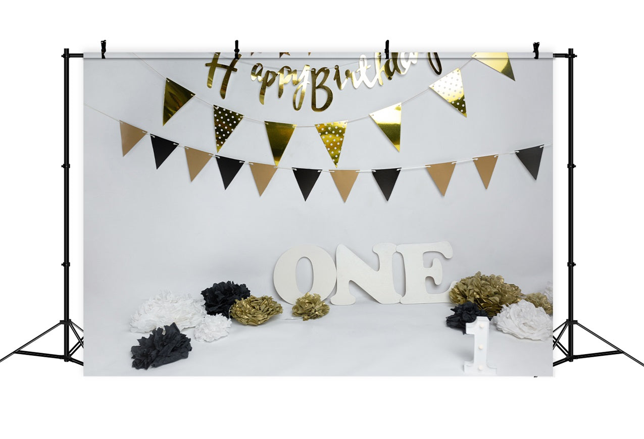 Toile de Fond Anniversaire 1er Bannières Noir Doré BRP10-372