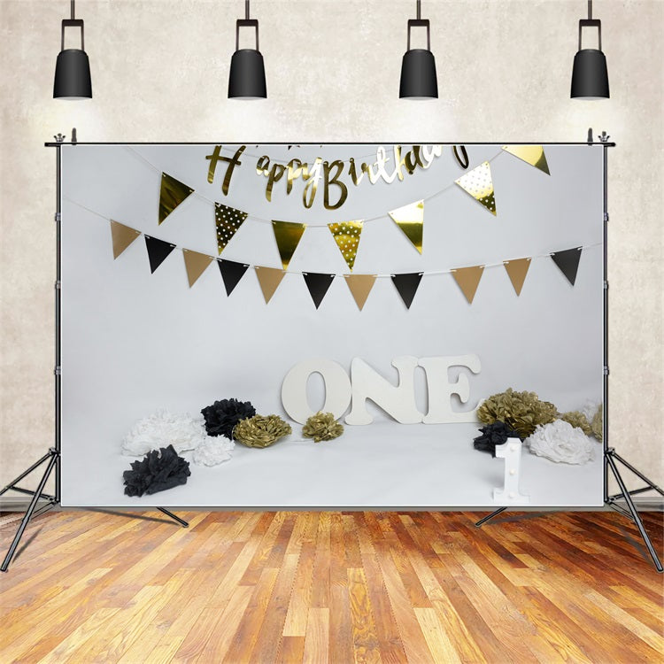 Toile de Fond Anniversaire 1er Bannières Noir Doré BRP10-372