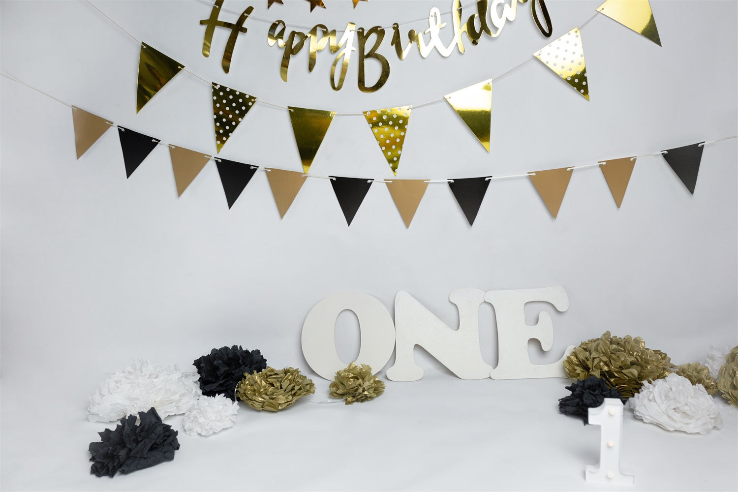 Toile de Fond Anniversaire 1er Bannières Noir Doré BRP10-372