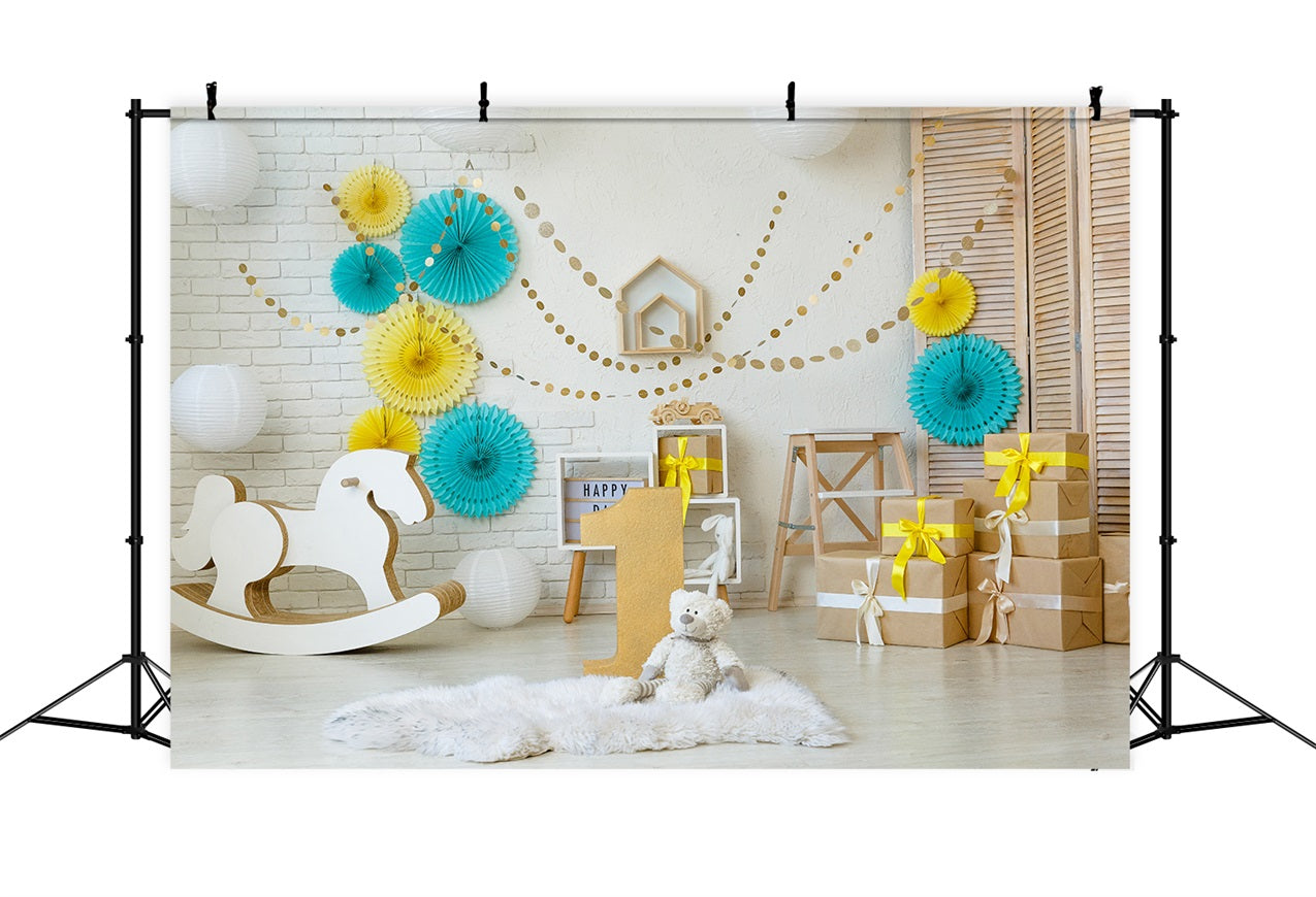 Toile de Fond Joyeux Anniversaire 1er Cheval à Bascule Cadeaux BRP10-386