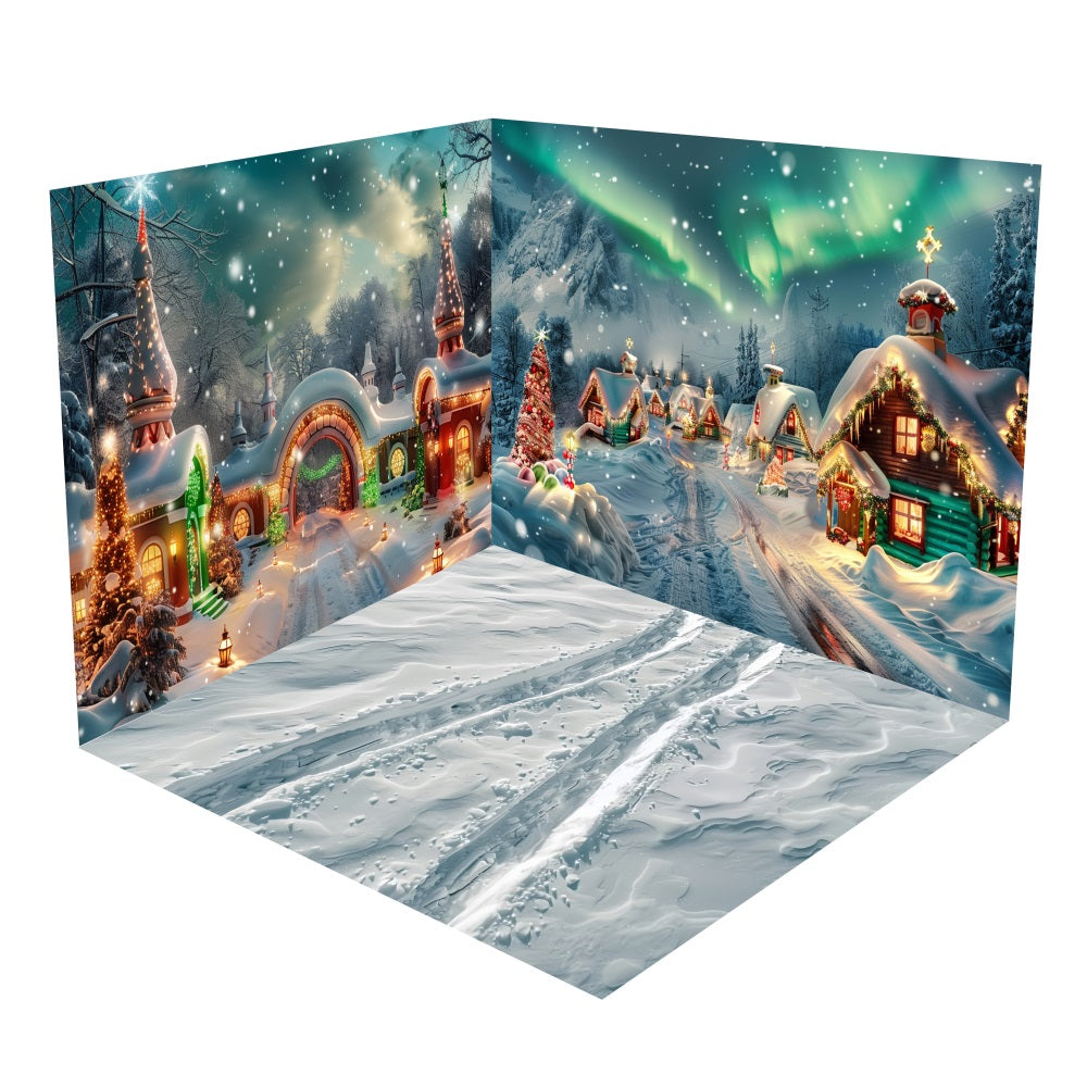 Ensemble de Salle Village Hivernal Noël sous Aurore Boréale BRP10-438