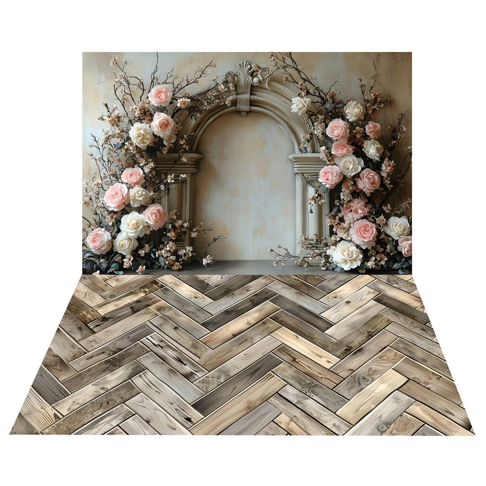 Toile de Fond Boho d'Arche Florale en Rose + Sol en Bois Classique BRP10-500