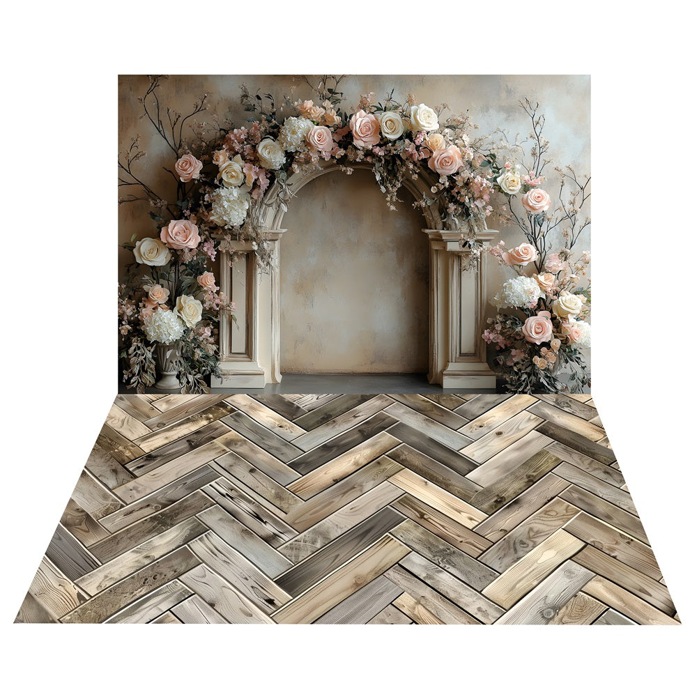 Toile de Fond Boho d'Arche Française avec Roses + Sol en Bois en Herringbone BRP10-501
