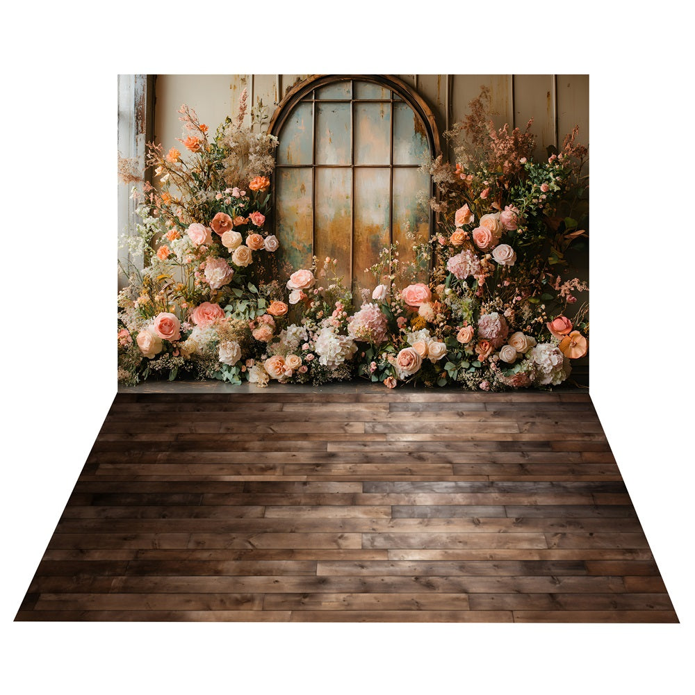 Toile de Fond Boho de Fenêtre Vintage avec Fleurs + Sol en Bois Foncé BRP10-503