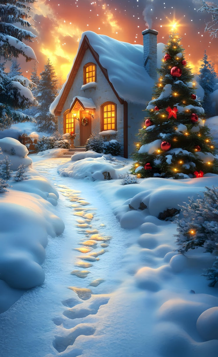 Mur-à-Sol Toile de Fond Cottage de Noël Lumière Chaude Enneigée BRP10-554