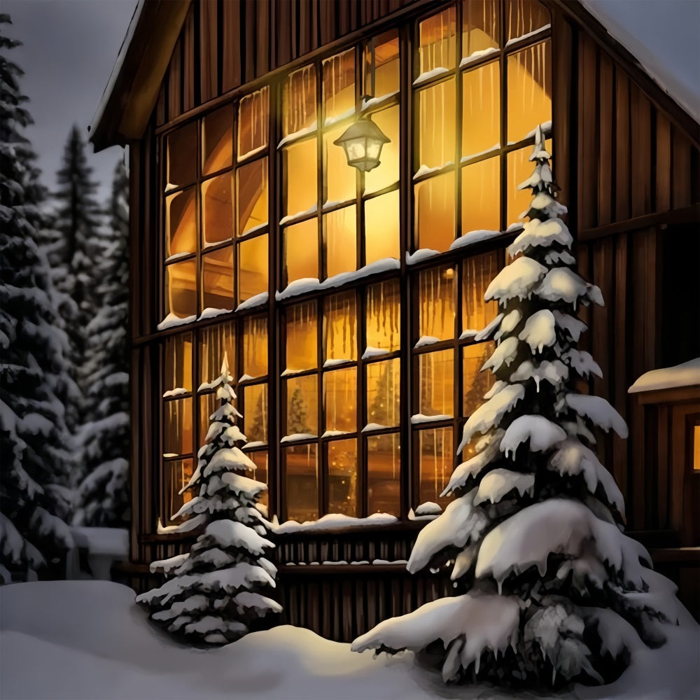 Toile de fond Maison en bois douillette grandes fenêtres illuminées BRP10-56