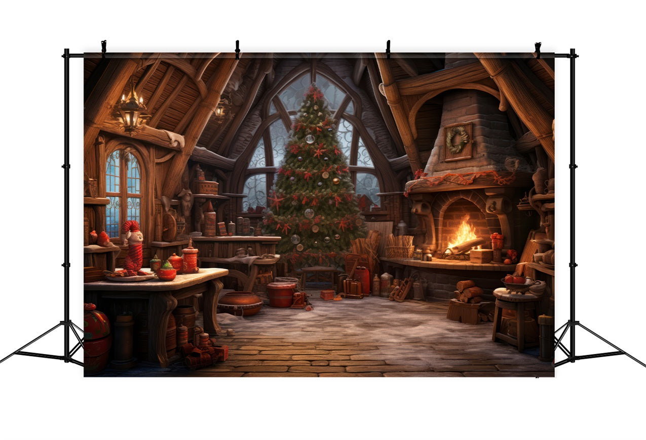 Toile De Fond Noël Atelier Du Père Noël Cheminée Arbre BRP10-614