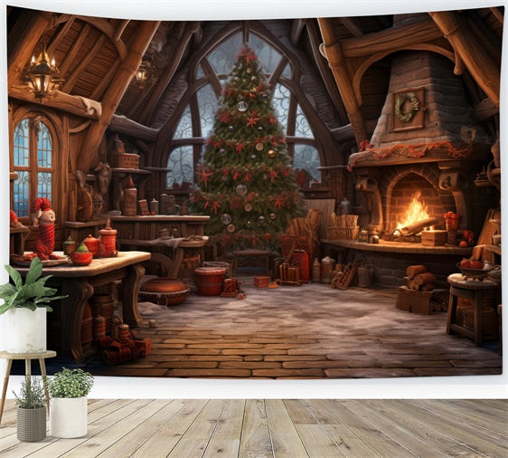 Toile De Fond Noël Atelier Du Père Noël Cheminée Arbre BRP10-614