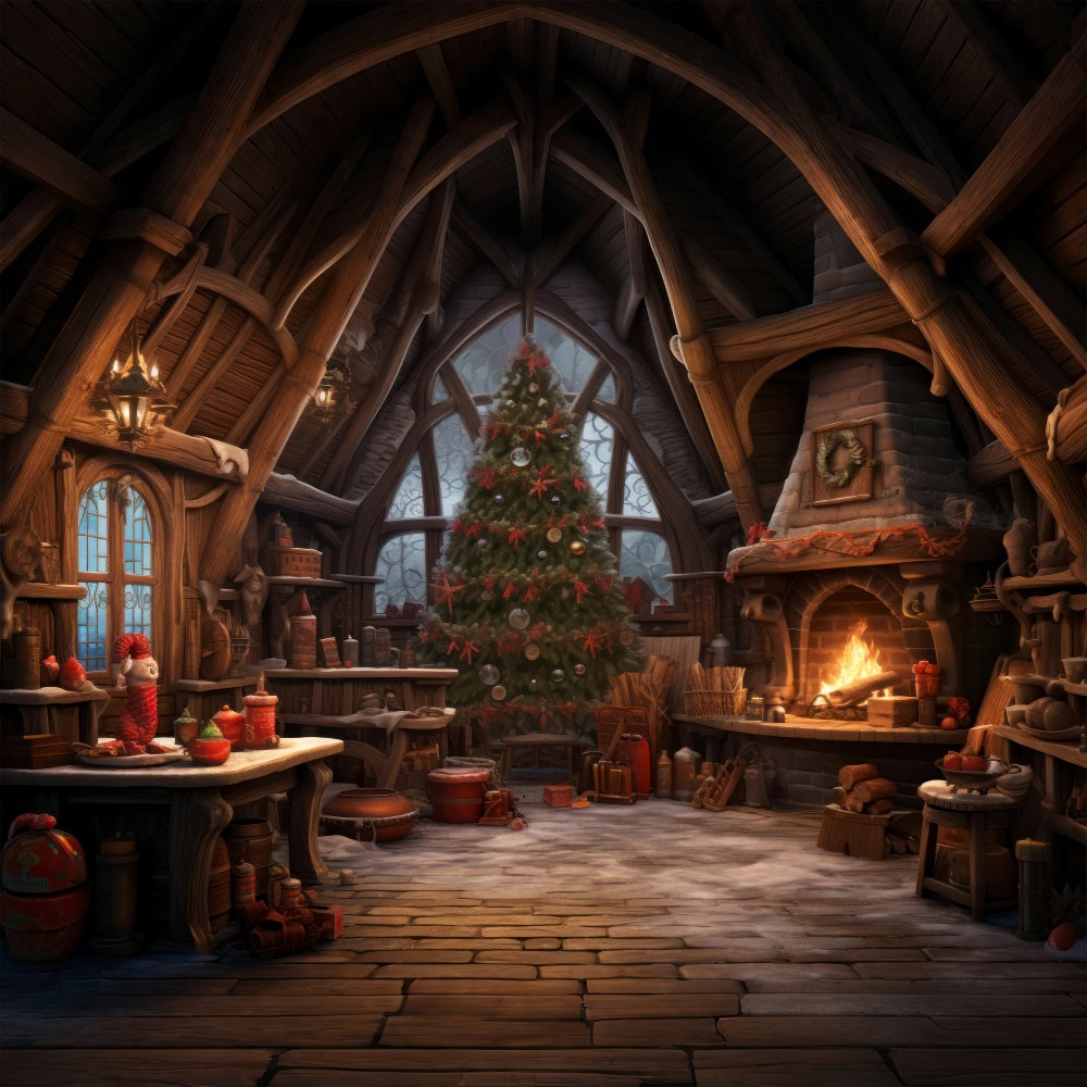 Toile De Fond Noël Atelier Du Père Noël Cheminée Arbre BRP10-614