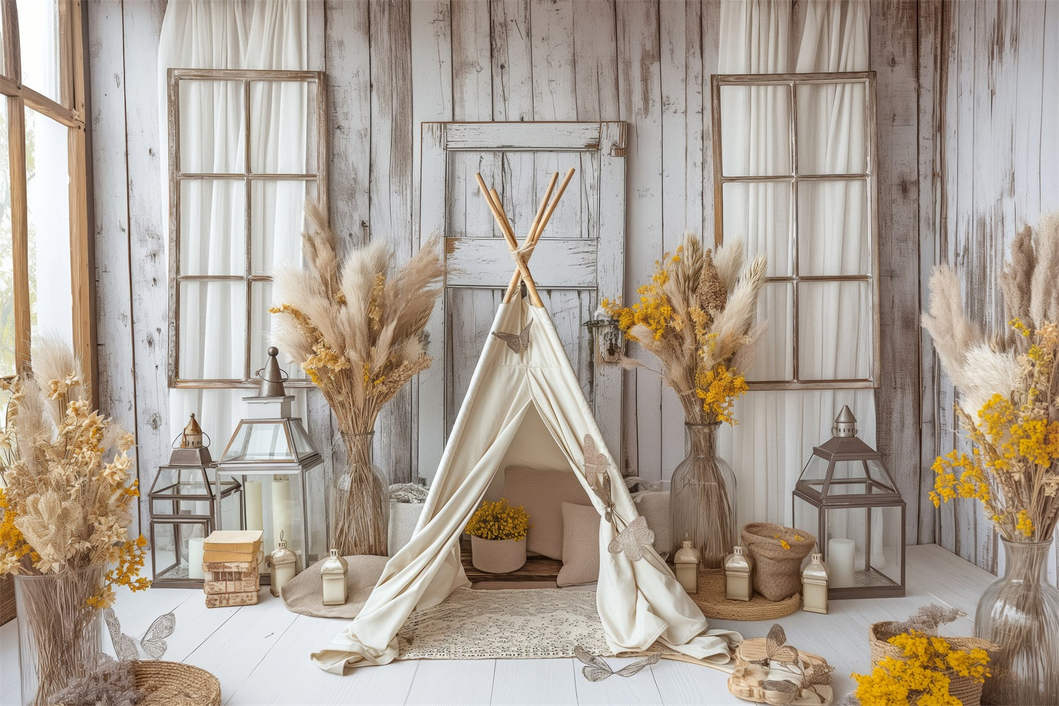 Toile de fond Tipi douillet fleurs naturelles bohème BRP10-86