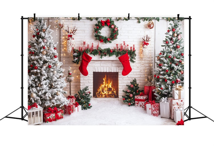 Toile de fond de Noël Cheminée Bas Rouges BRP11-219
