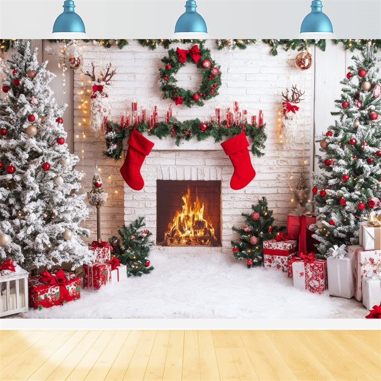 Toile de fond de Noël Cheminée Bas Rouges BRP11-219