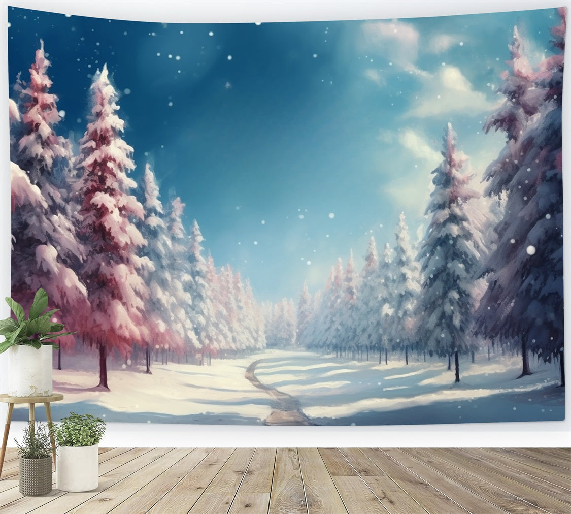 Toile de fond Hiver Forêt Rose et Blanche Enneigée BRP11-264