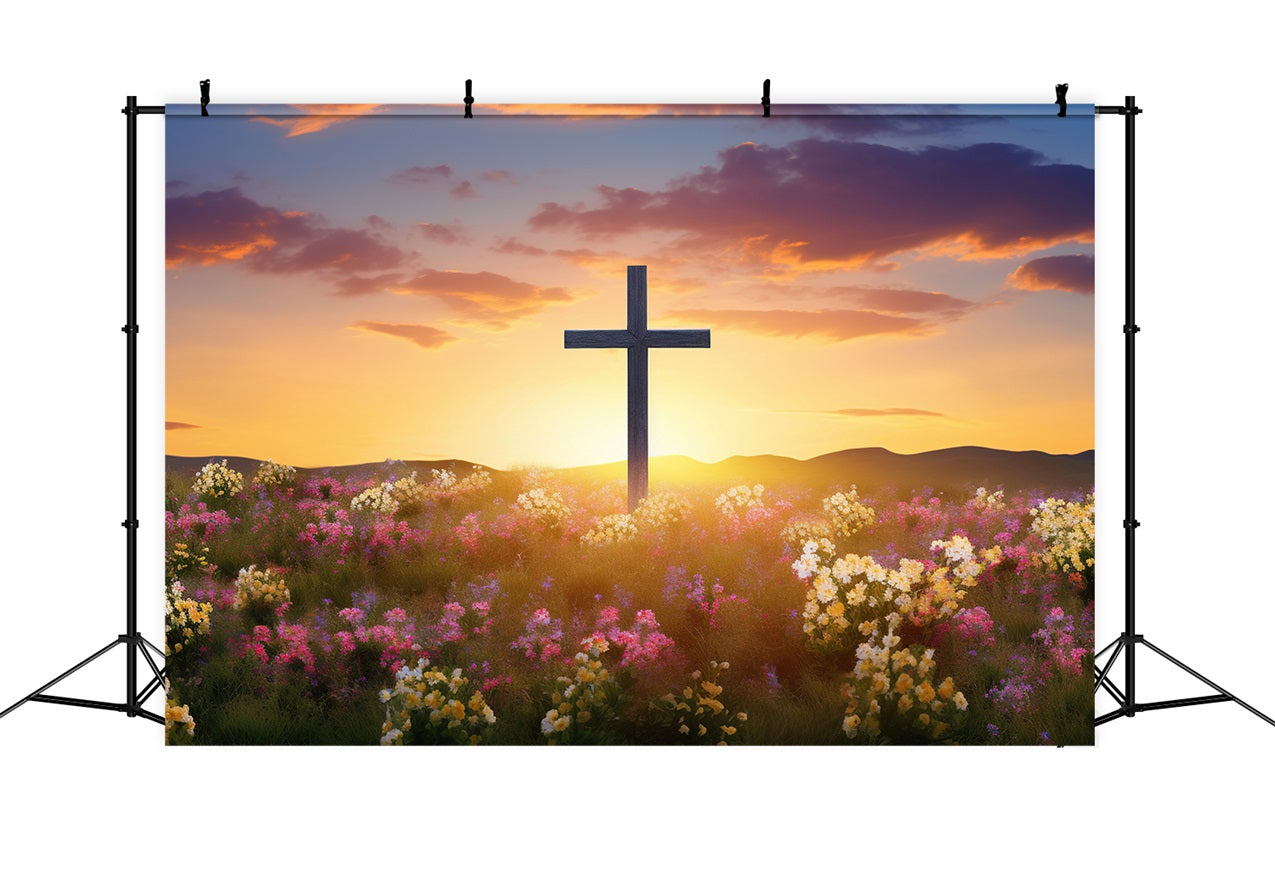 Toile de Fond Photographie Pâques Champ Fleurissant Croix BRP11-321