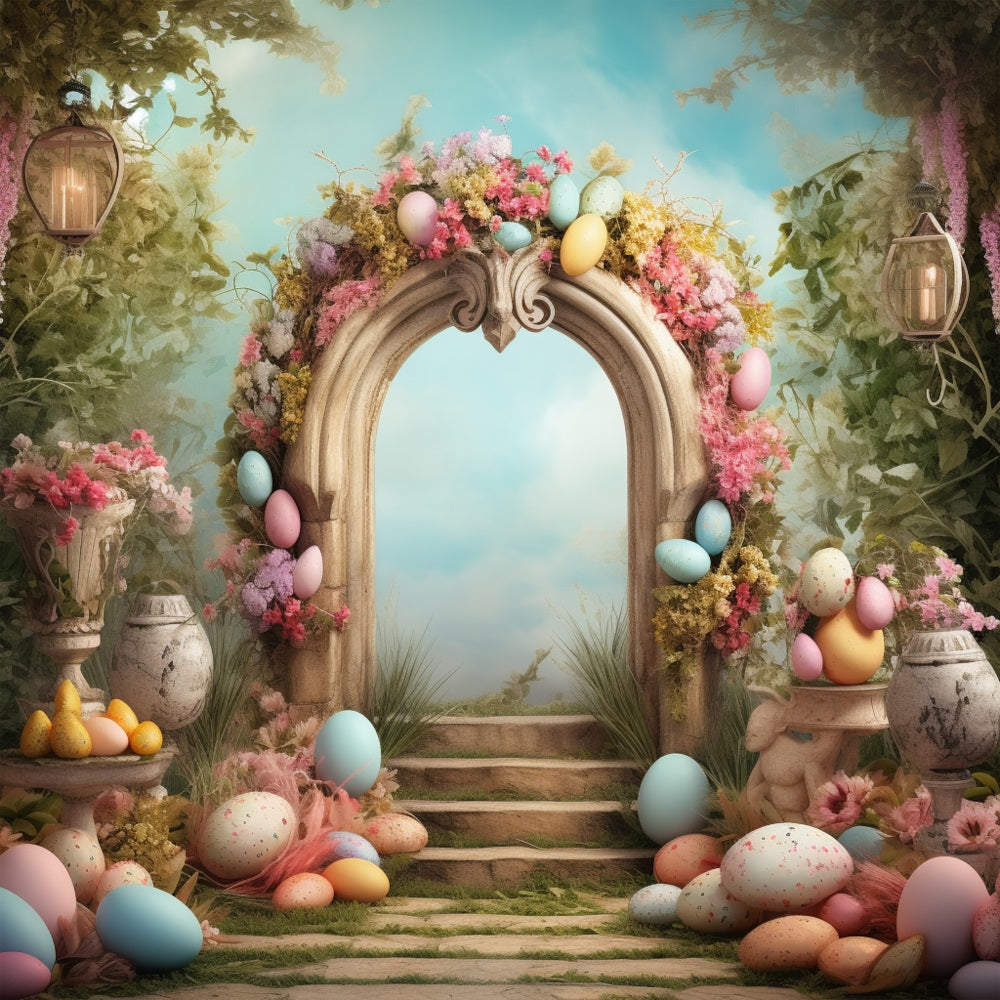 Toile de Fond Pâques Arche en Pierre Œufs Pastels BRP11-336