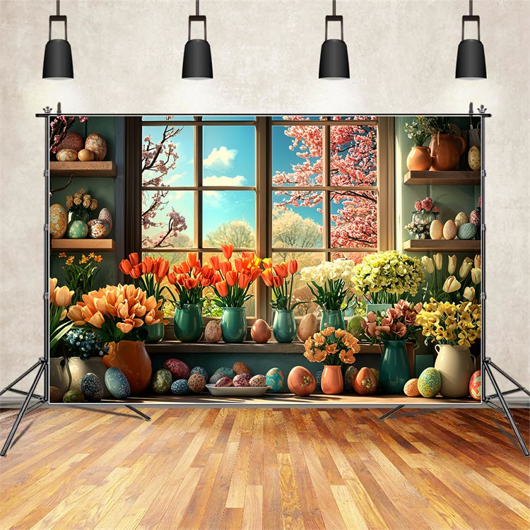 Toile de Fond Pâques Décor Fenêtre Œuf Fleur BRP11-348