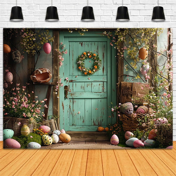 Toile de Fond Pâques Porte Verte Décor Œufs BRP11-350
