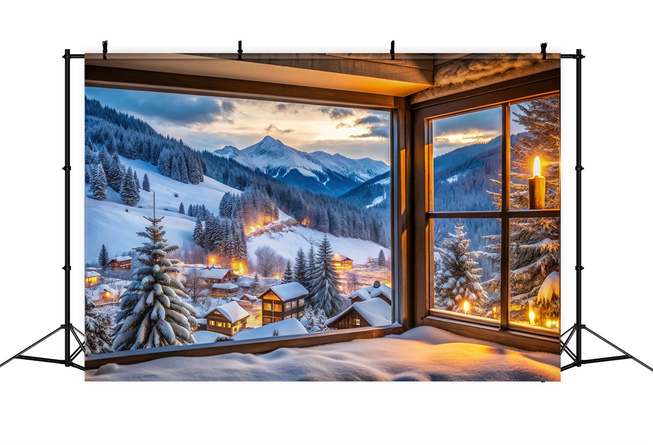 Toile de fond Hiver Village de Montagne Enneigé Vue par Fenêtre BRP11-496