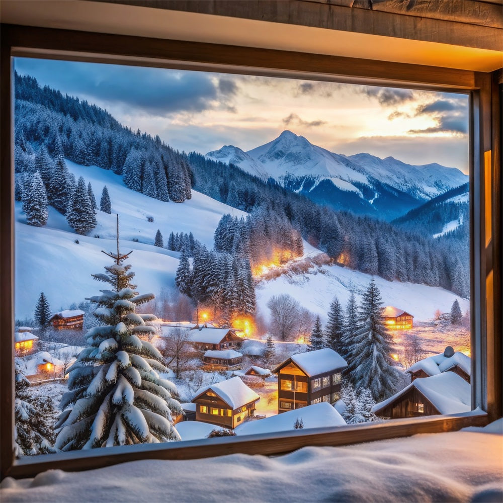 Toile de fond Hiver Village de Montagne Enneigé Vue par Fenêtre BRP11-496