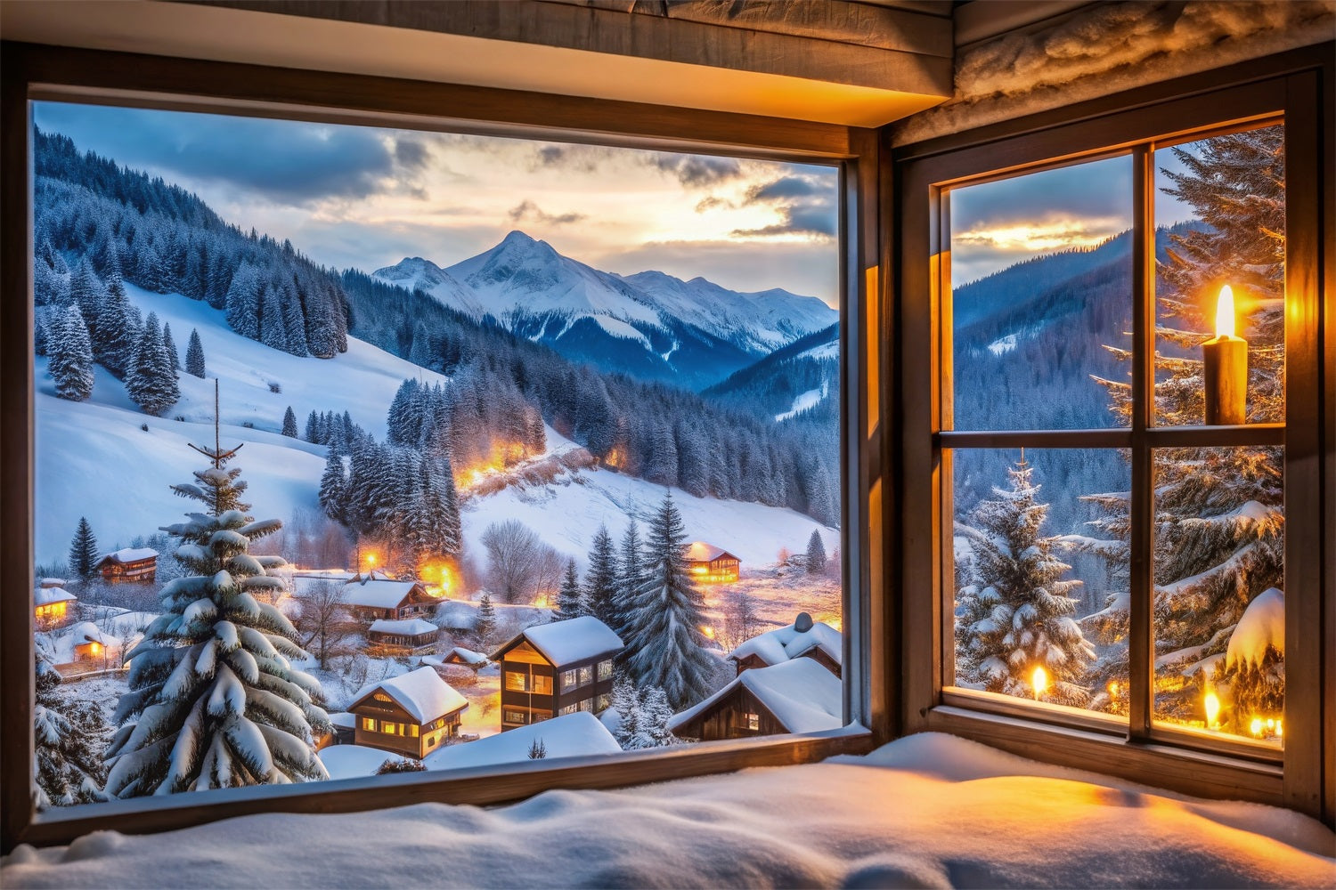 Toile de fond Hiver Village de Montagne Enneigé Vue par Fenêtre BRP11-496
