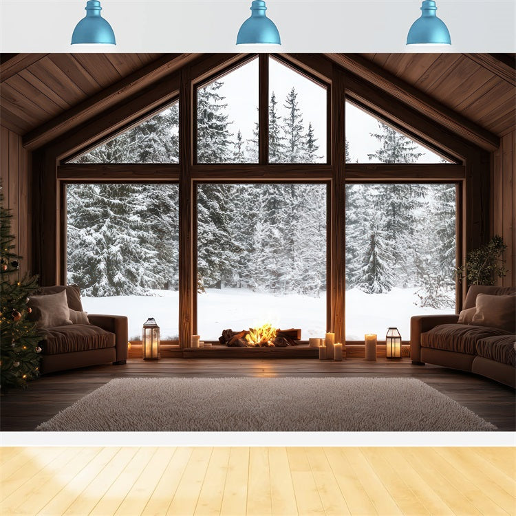 Toile de fond Hiver Photographie Chalet Éclairé Neige BRP11-497