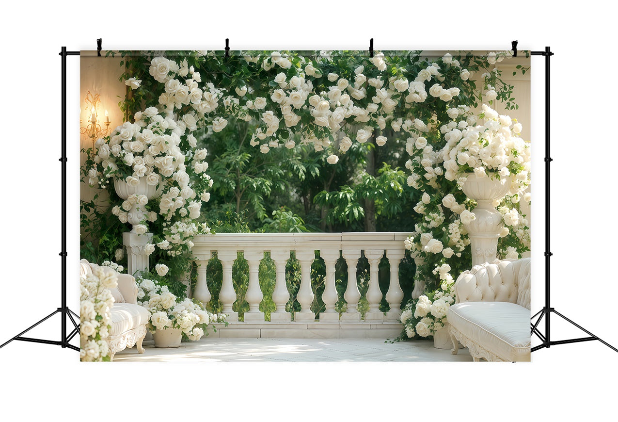 Toile de fond Saint-Valentin Balcon Roses Blanches Luxuriantes BRP12-264