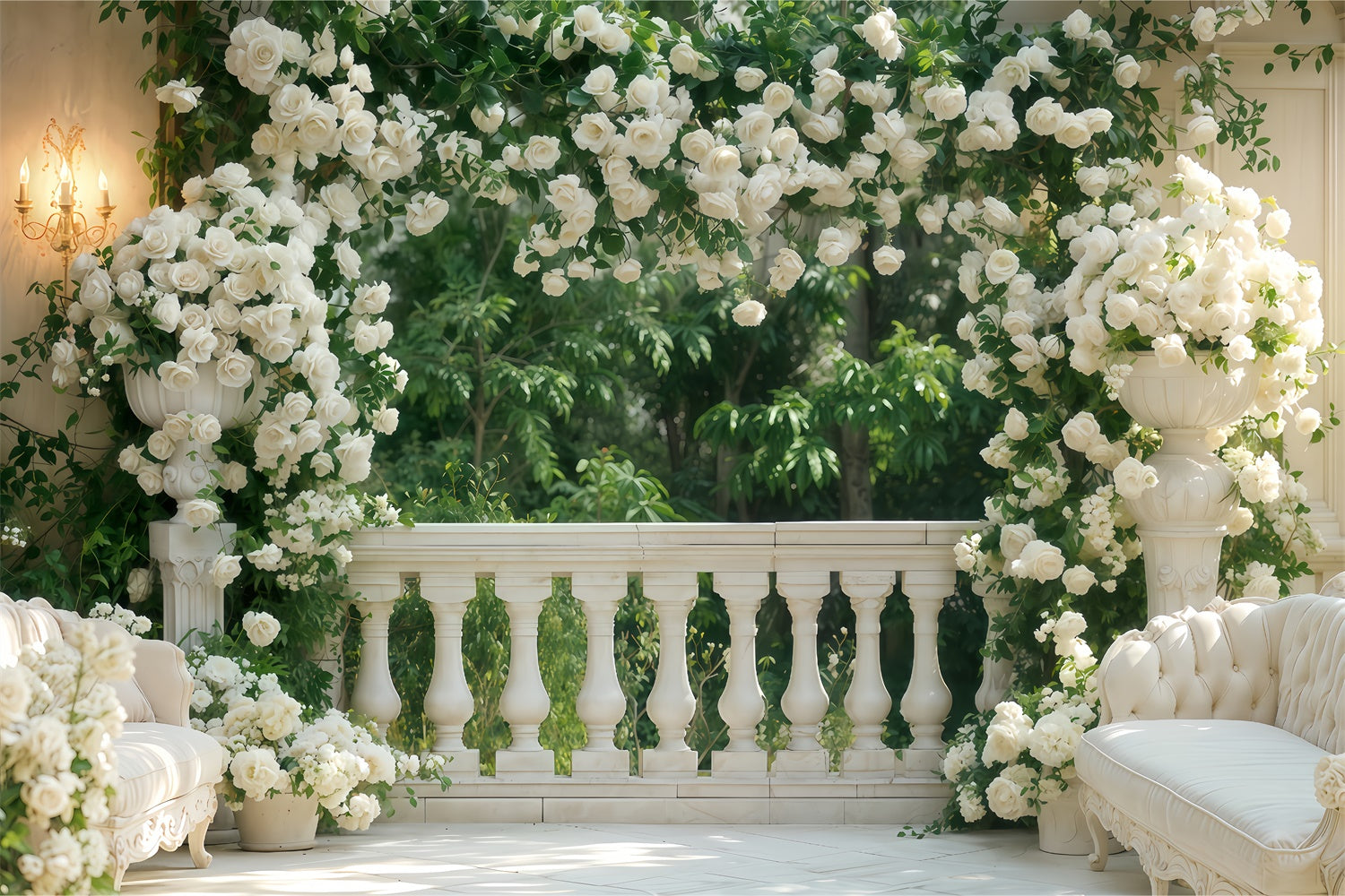 Toile de fond Saint-Valentin Balcon Roses Blanches Luxuriantes BRP12-264