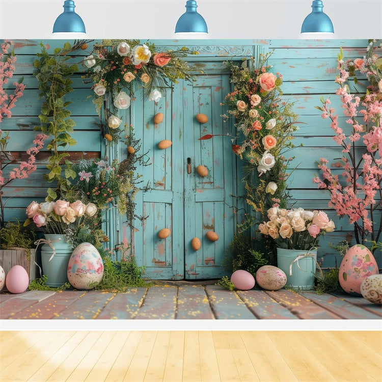 Toile de fond Pâques Porte Bleu Clair Floraison Vibrante BRP12-409