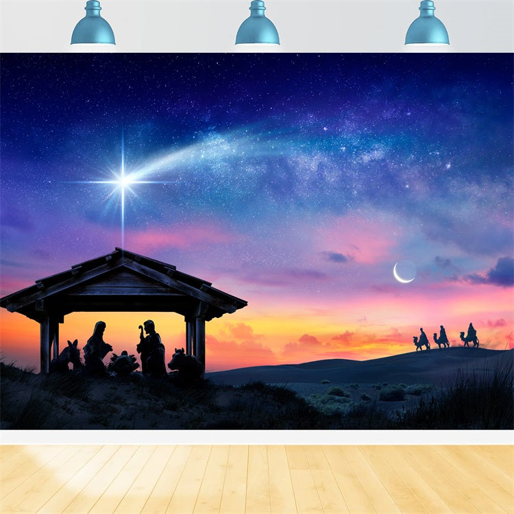 Toile de fond Décoration de Noël Crêche Coucher de Soleil Mangeoire Étoile de Bethléem BRP12-441