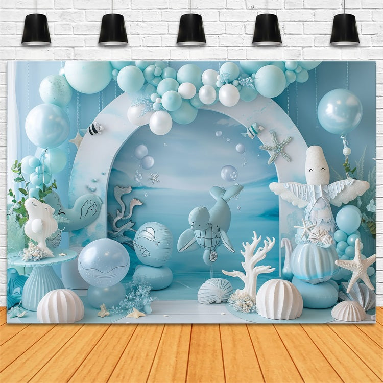 Toile de fond Sirène Anniversaire Créatures Océaniques Ballons Bleus BRP12-90