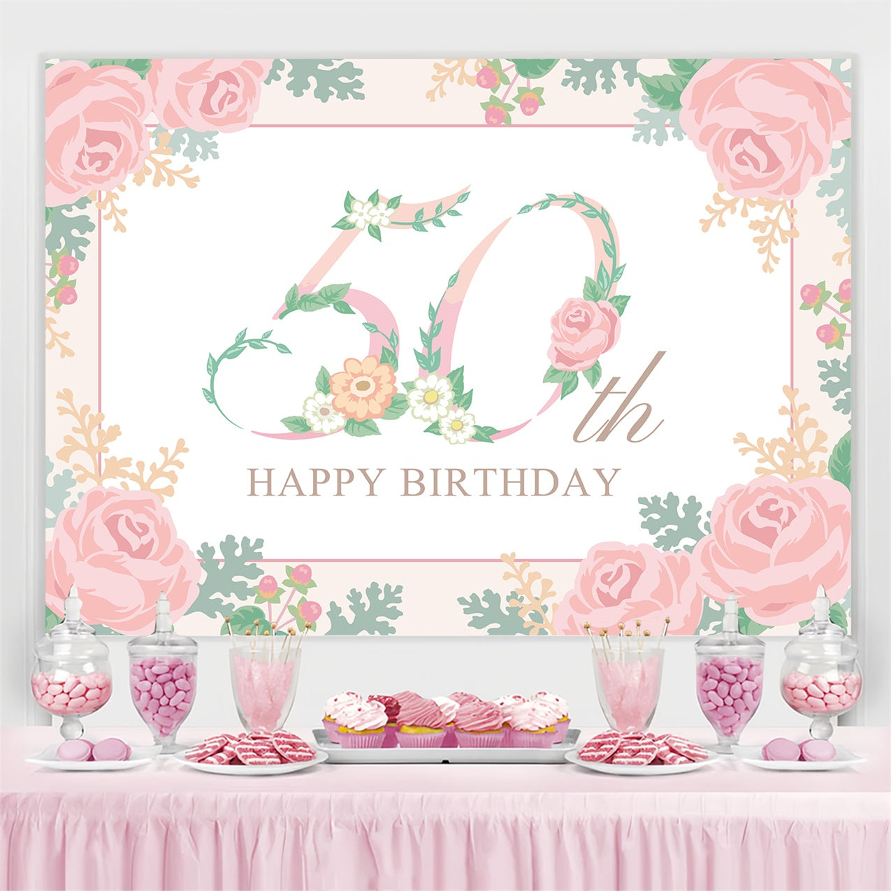 Toile de fond Personnalisable Anniversaire Romantique Floral 50ème BRP2-235