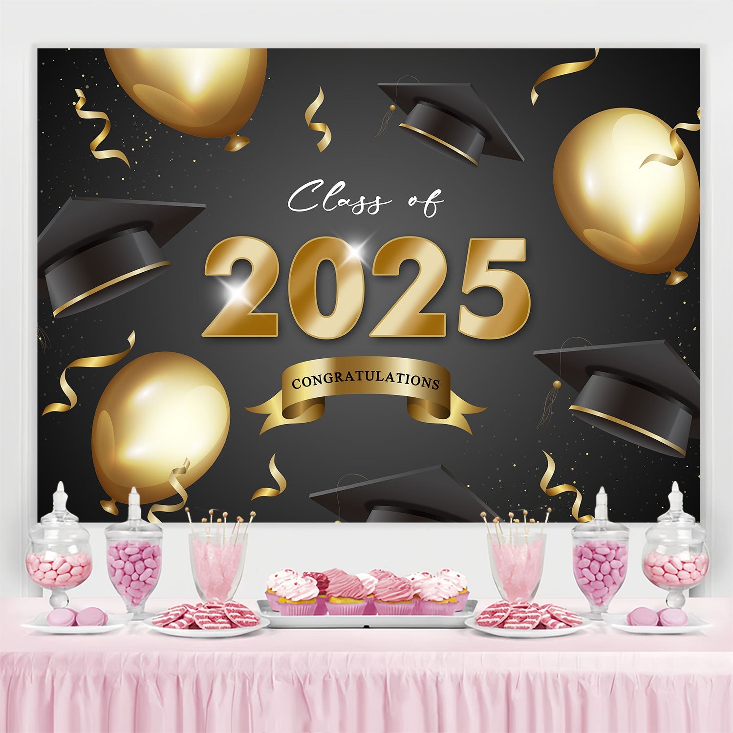 Toile de fond Remise de Diplôme 2025 Ballons Dorés Brillants BRP2-248