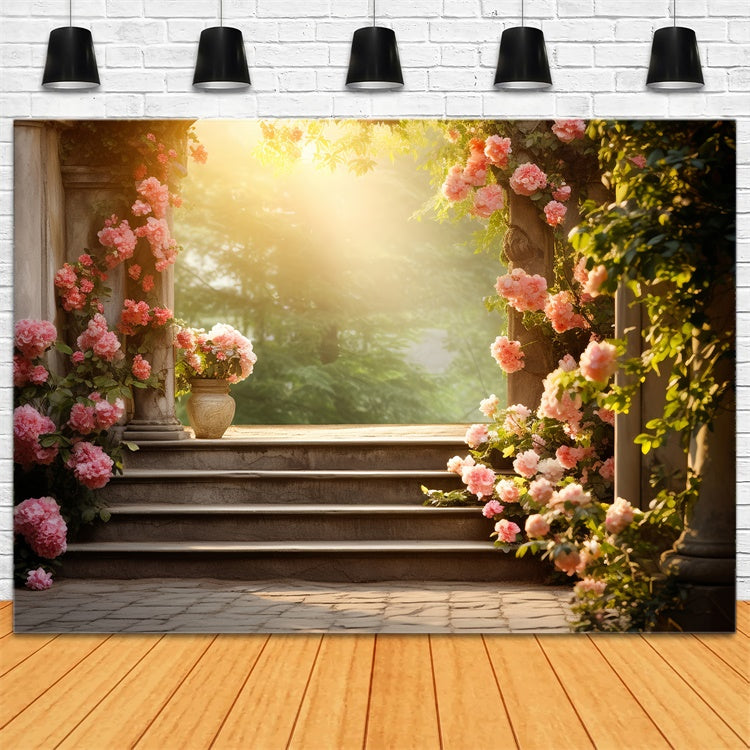 Fond Photo Floral Escaliers de Jardin de Roses Romantiques BRP2-91